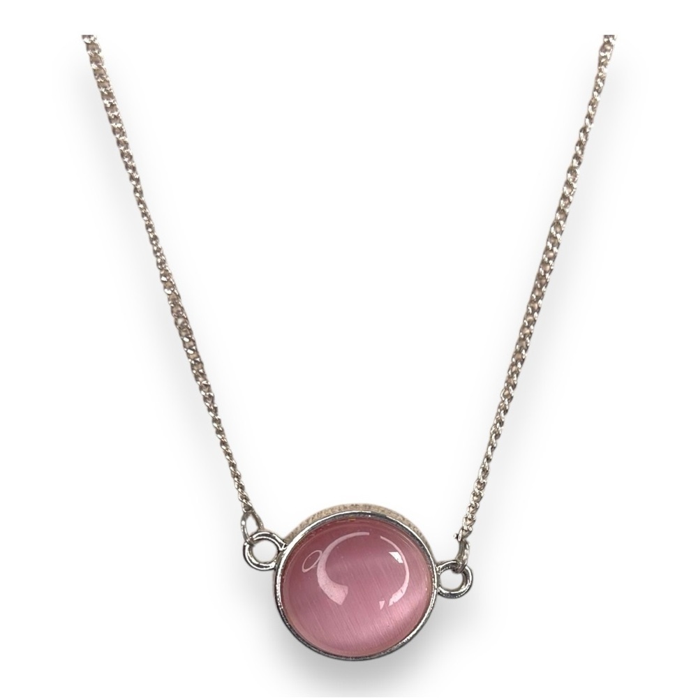 SILVER AND PINK GEM NECKLACE ROUND PENDANT LOBSTER CLOSURE